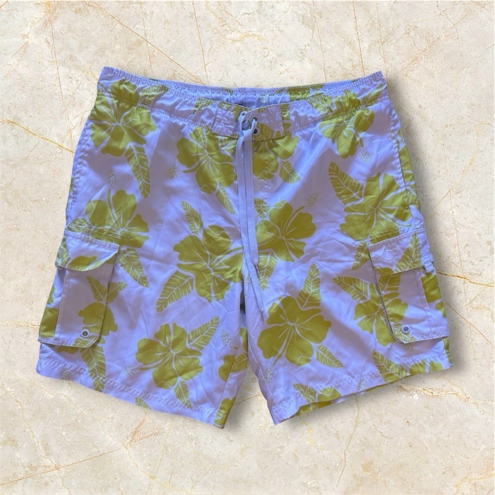 Op Ocean Pacific Drawstring Boardshorts Swim Trunks  Men White L/G (36-38)